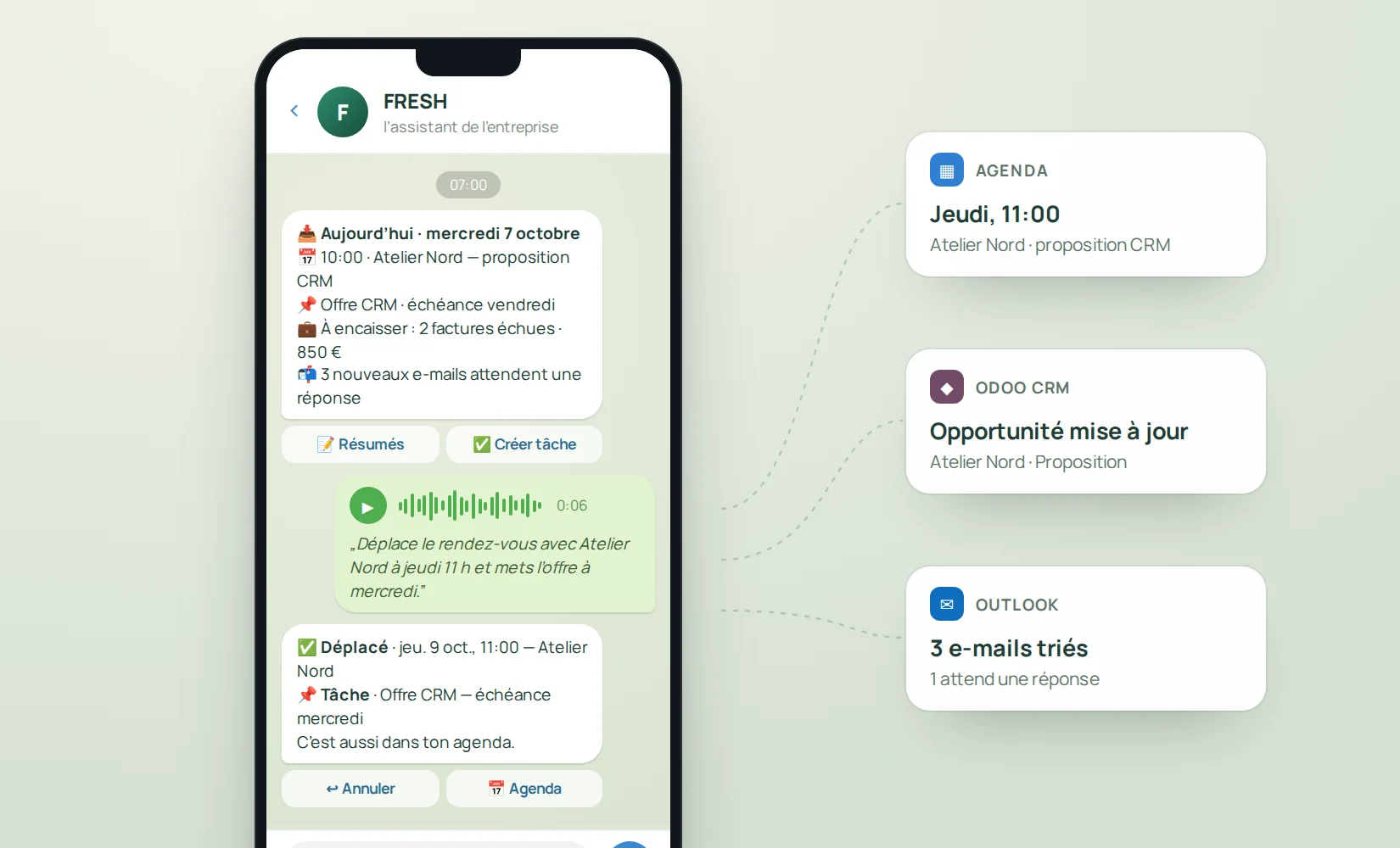 Conversation FRESH sur Telegram : briefing du matin, note vocale transformée en rendez-vous et tâche, synchronisés avec l’agenda, Odoo CRM et Outlook.